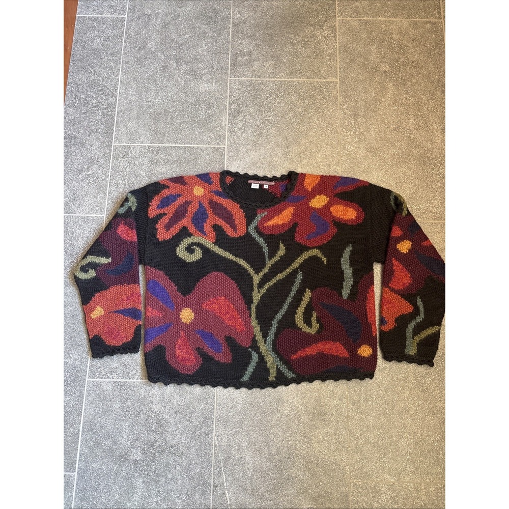 Peruvian Connection 100% Alpaca Sweater Women's M Handcrafted Floral Multicolor